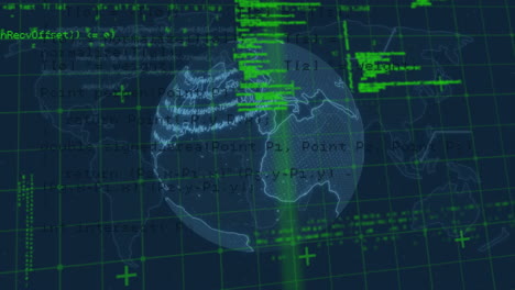 digital animation of data processing over grid network against spinning globe on blue background