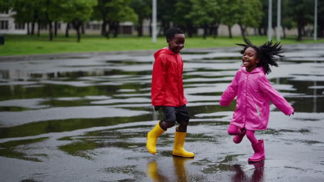 joyful kids splashing in rain puddles