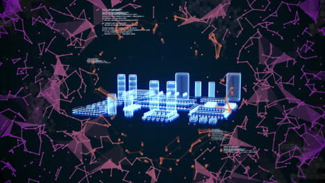 Digital data processing animation over abstract geometric shapes and code
