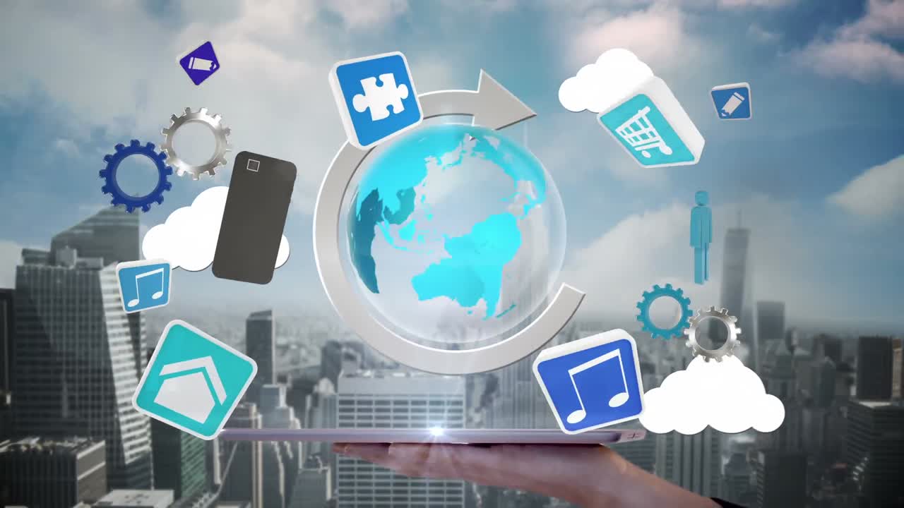 태블릿을 사용하여 홀로그램을 보는 사업가