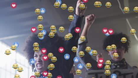 protesters raising fists and shouting in technology protest scene showing floating reaction emojis