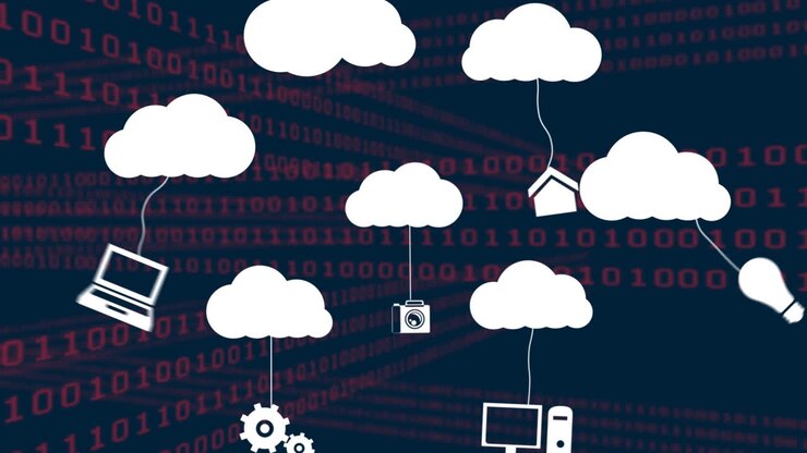 Animation of cloud icons and data processing over dark background