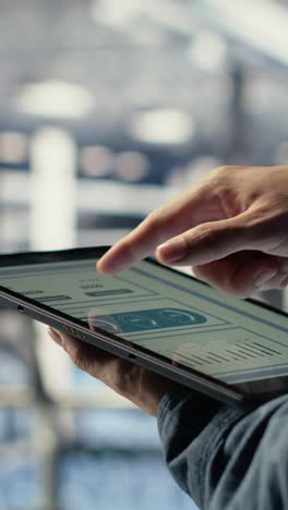 vertical video server room employee checks data charts on tablet in server room
