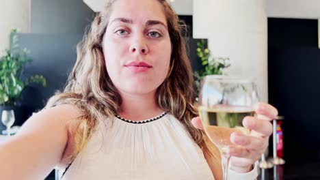 woman vlogging with a glass of white wine in hand