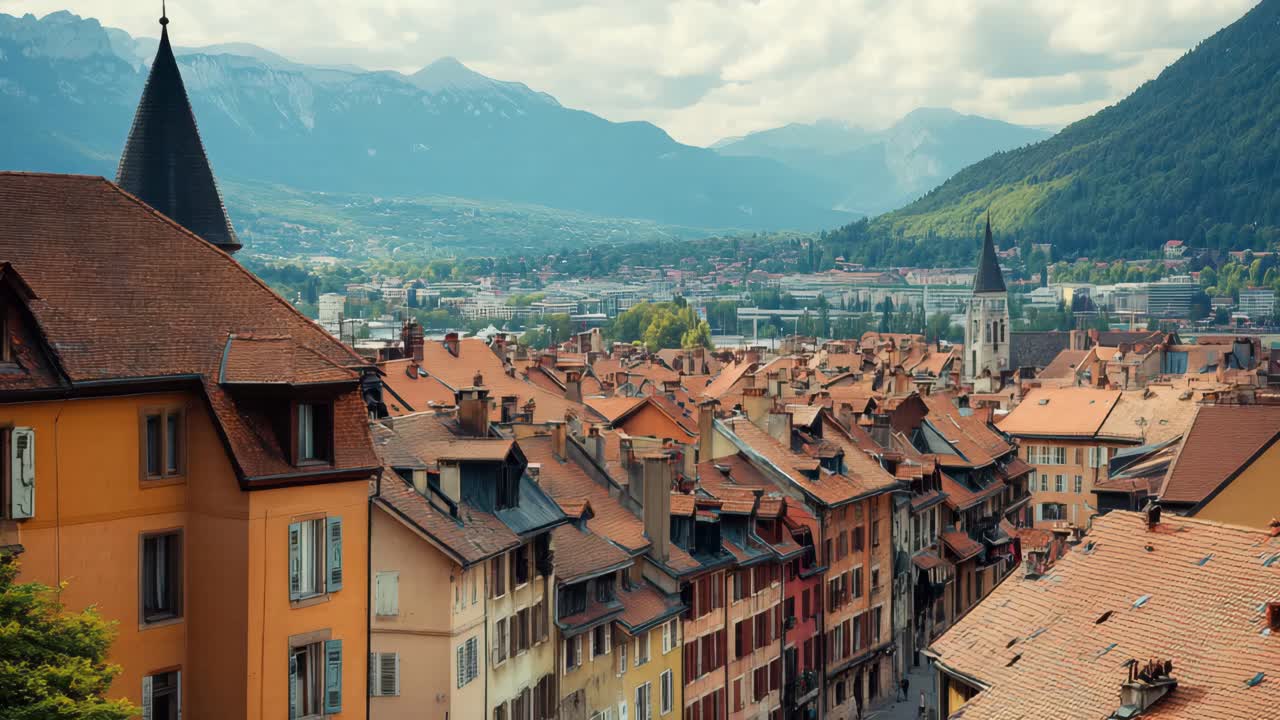 Aerial View of a Charming European City Nestled in the Mountains