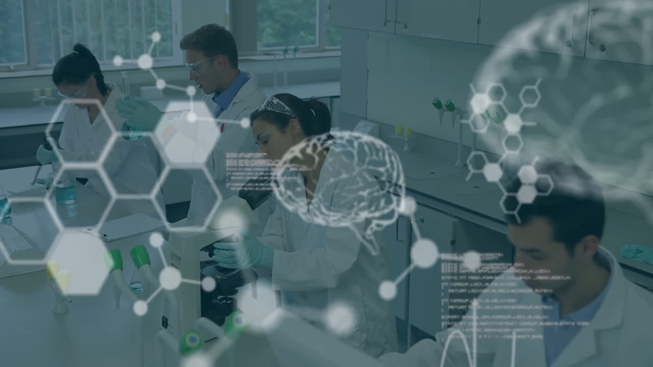 Animation of digital brain with molecules and data processing over diverse scientists working in lab