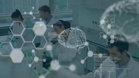 animation of digital brain with molecules and data processing over diverse scientists working in lab