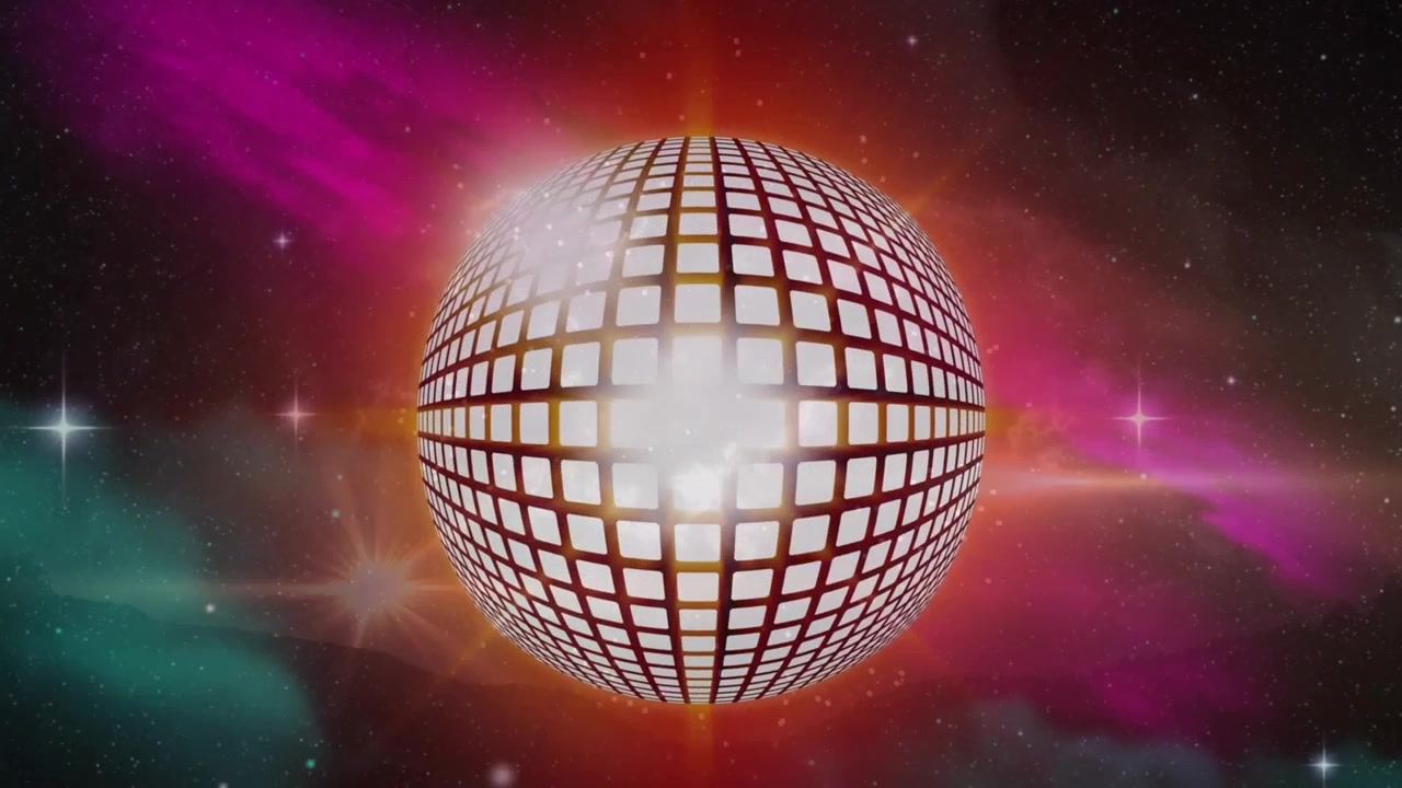 Il video presenta una sfera da discoteca che gira su stelle e luci colorate.