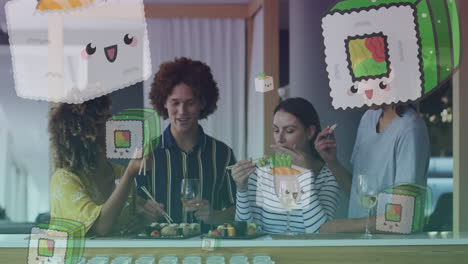 animación de iconos de sushi sobre felices amigos diversos comiendo sushi