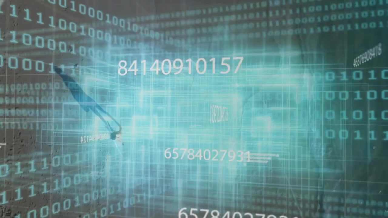 Human silhouette diving into tech data grid, showcasing floating large numbers and binary streams