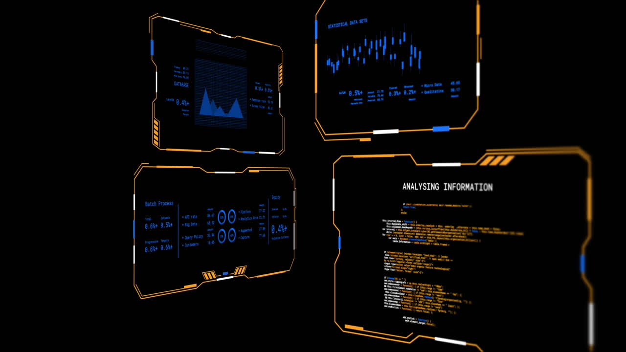 Animation of digital data processing on screens over black background