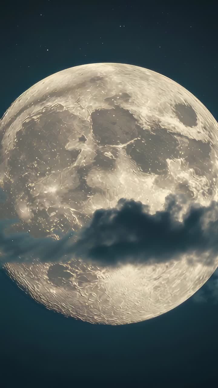Vídeo vertical: deslizando perto da lua quase cheia, revelando crateras no céu noturno, com nuvens baixas passando