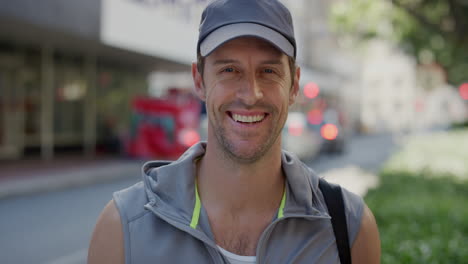 portrait of young fit man smiling happy looking at camera enjoying happy urban lifestyle travel in city background slow motion