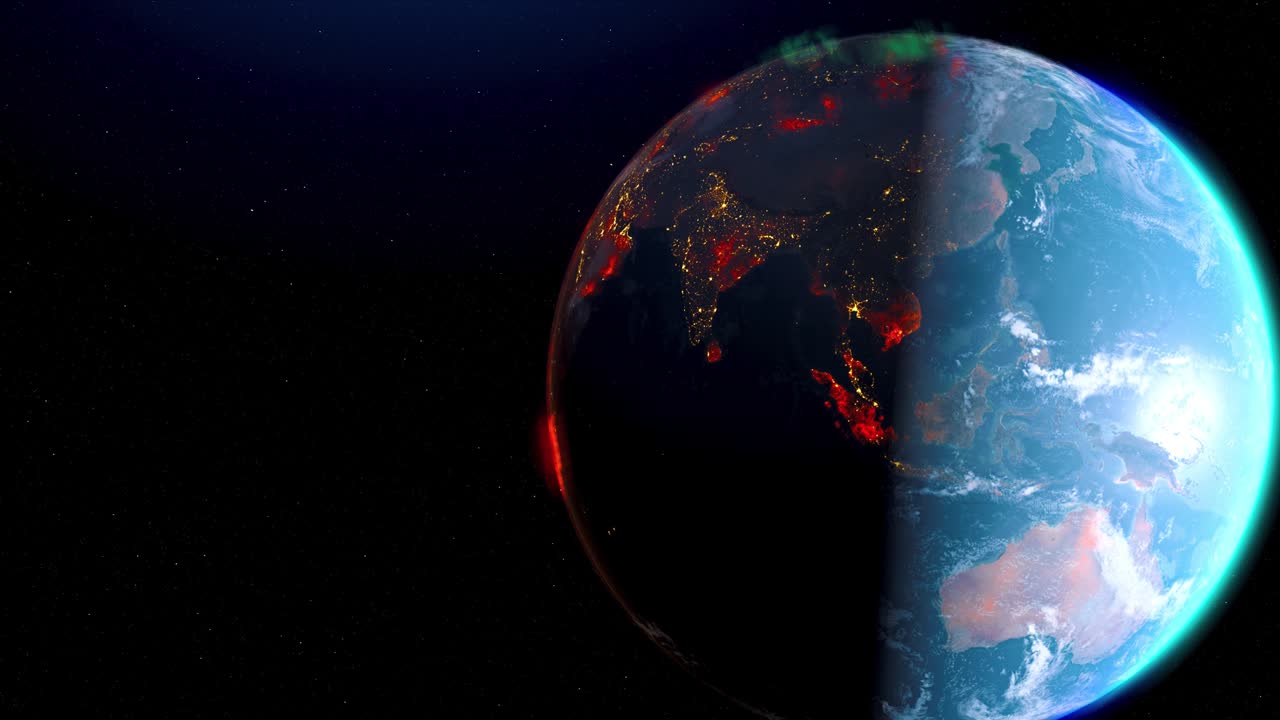 Earth wildfire view from space rotation day to night skyline. Greenhouse gas effect. Realistic 3d rendering animation. elements of this image furnished by NASA.