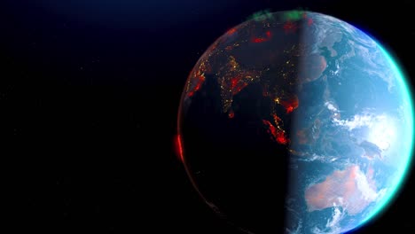 earth wildfire view from space rotation day to night skyline. greenhouse gas effect. realistic 3d rendering animation. elements of this image furnished by nasa.