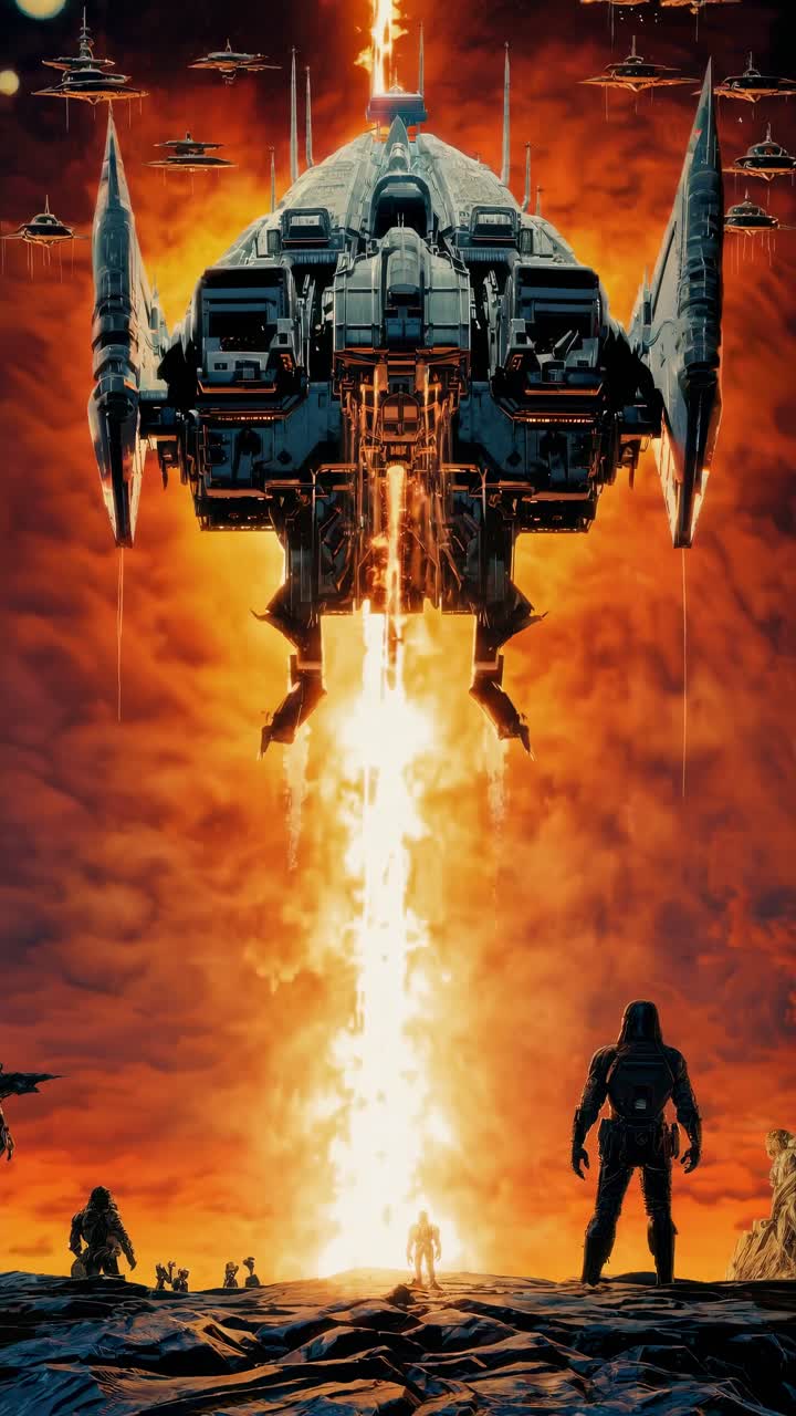 Scena fantascientifica futuristica con una visuale dal basso di un'enorme astronave che si lancia nel cielo infuocato