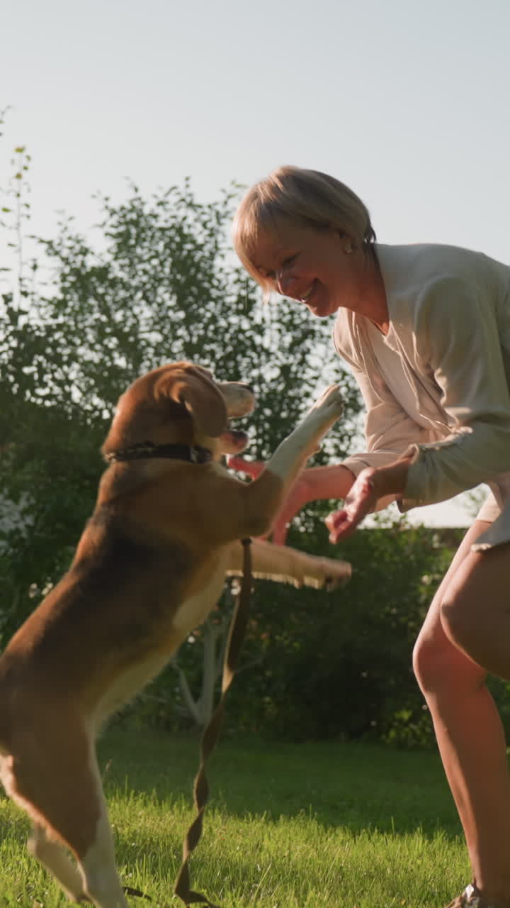 반려동물 애호가 춤을 추고, 빛 날씨 아래 울창한 푸른 정원에서 그녀의 개와 놀이하게 상호 작용하며, 뒷면에 건물과 나무와 함께 행복하게 쳐다보는 동안 개를 키스하려고합니다.