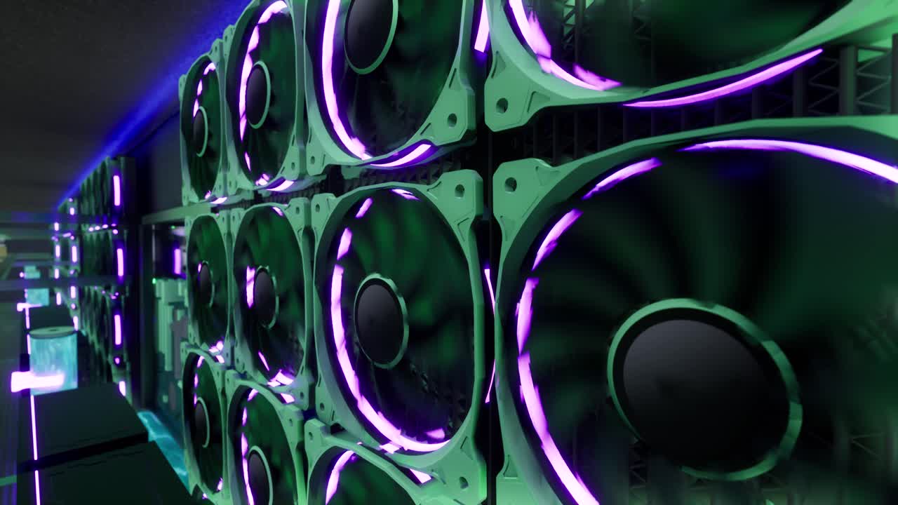 스탠드 랙에서 광산 장비의 3d 애니메이션: 강철 컨테이너에서 광산 암호화폐: 블록체인 기술 응용 특정 통합 회로 데이터 센터: 서버 방 조명