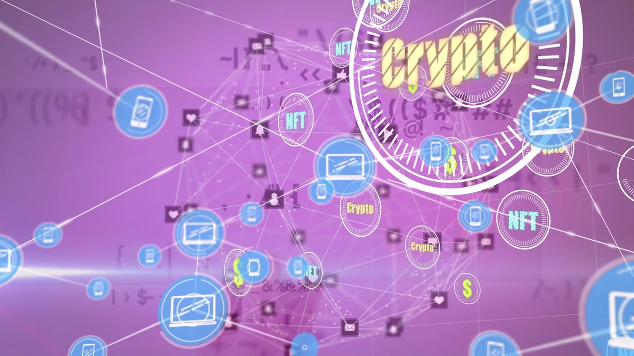 Animation of network of connections with icons and data processing on purple background