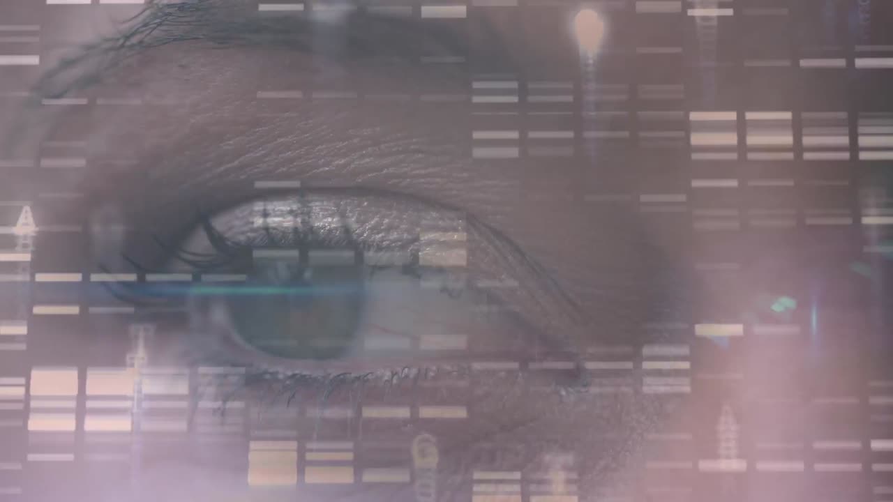 Animation of data processing over caucasian woman's brown eye