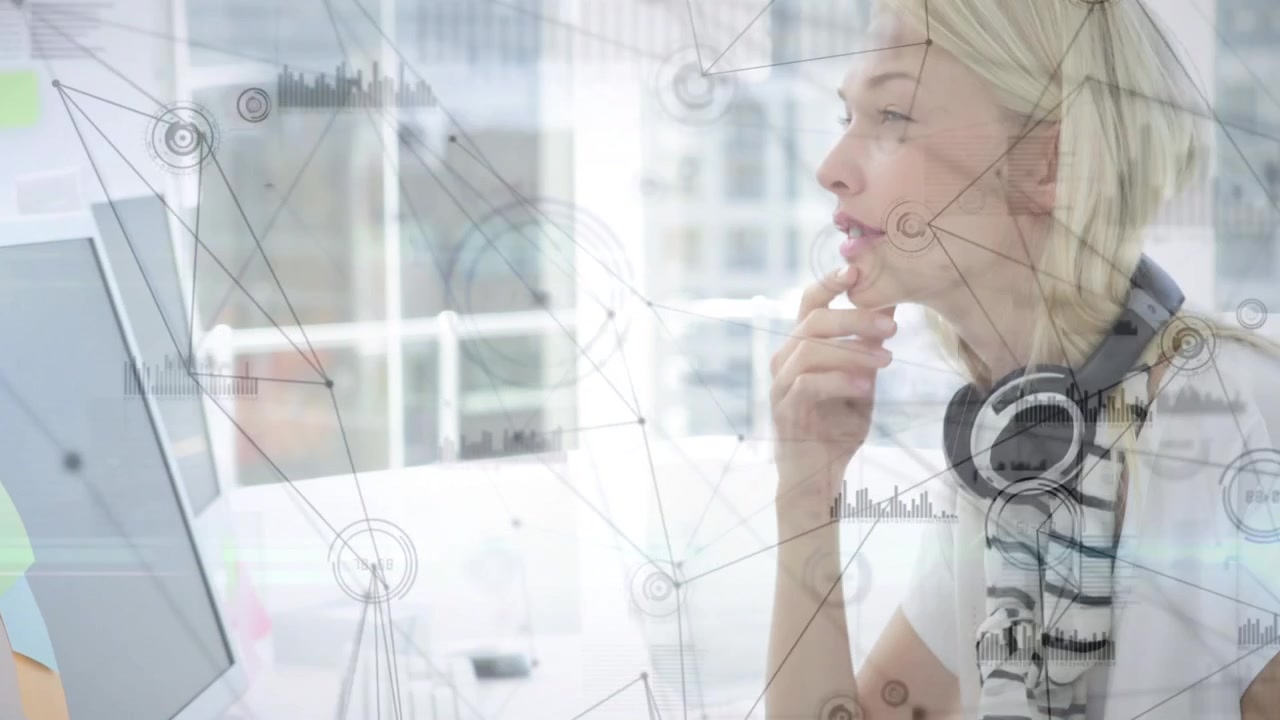 Female designer placing stylus and clicking mouse, revealing data overlays while refining design