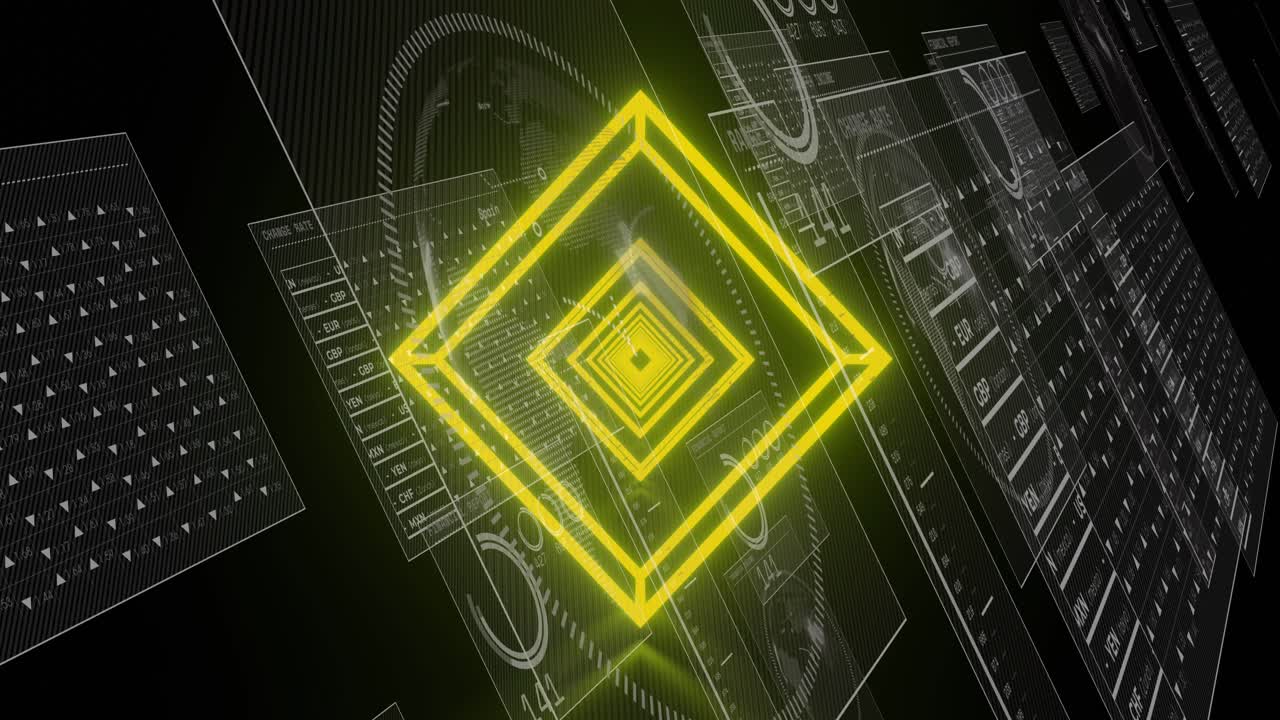 Animation of neon yellow tunnel in seamless pattern over screens with data processing