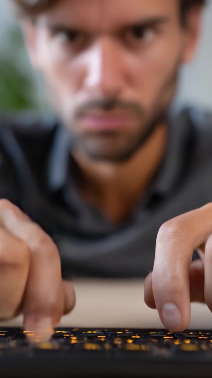 Focused Intensity: A Close-Up of a Determined Individual Engaging with a Backlit Keyboard, Capturing the Essence of Concentration and Digital Interaction