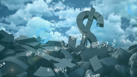 multiple bubbles floating and changing symbols over broken dollar symbol against blue sky