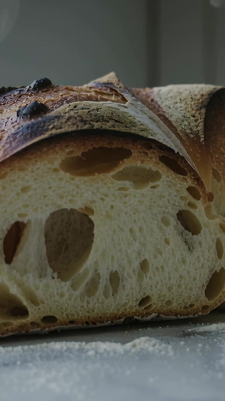 Vertical video: Pulling back camera revealing sliced loaf in bakery, highlighting crumb and flour
