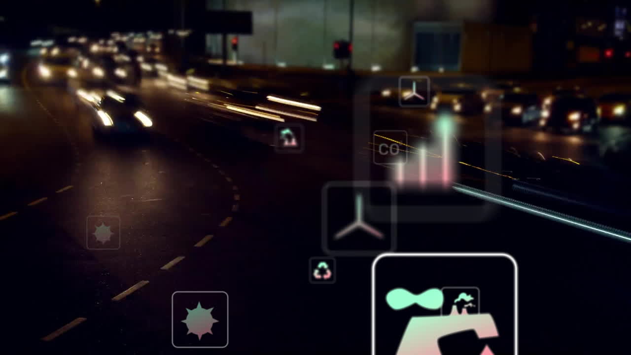 animación de iconos ecológicos con procesamiento de datos sobre el paisaje urbano