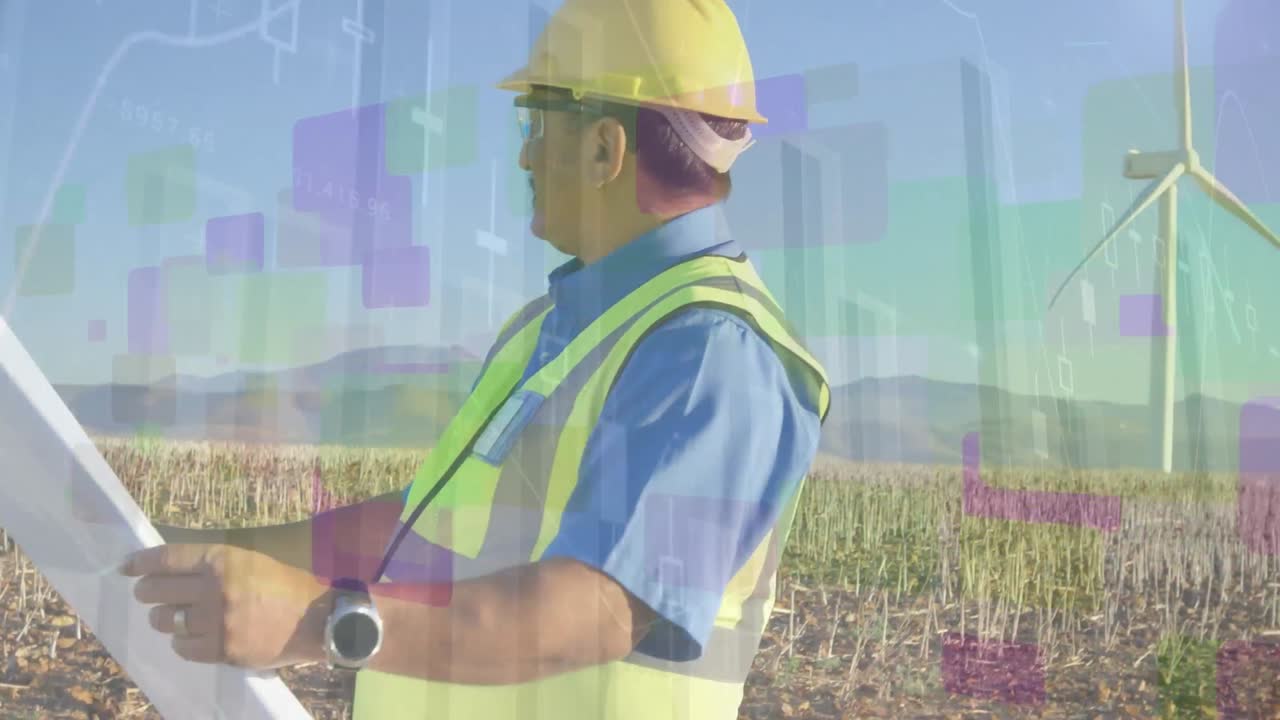 animación de gráficos sobre ingeniero biracial con proyecto y turbina eólica