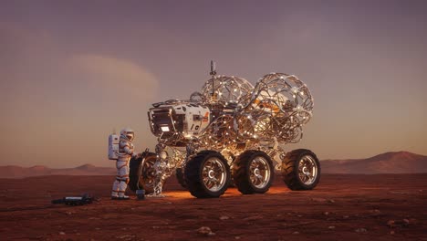 a futuristic astronaut inspects an advanced exploration vehicle in a captivating martian landscape, highlighting humanity's quest for space exploration and technological innovation