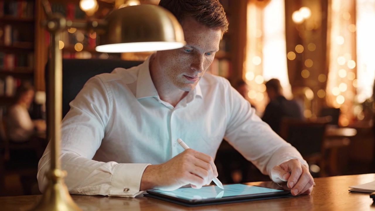Focused Professional Engaged in Digital Illustration Using a Tablet and Stylus in a Cozy, Well-Lit Workspace Surrounded by Books and Warm Ambiance