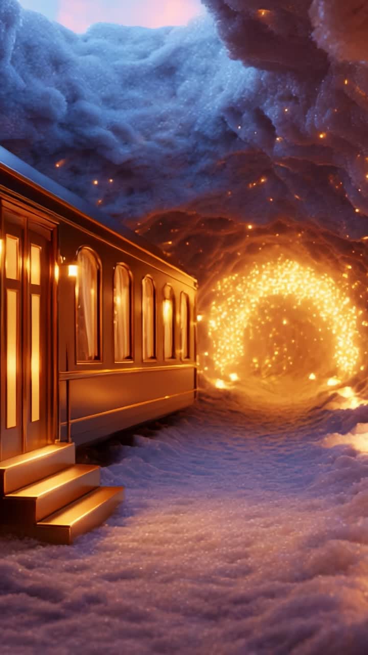 A Journey Through a Magical Snowy Tunnel: An Enchanted Train Station Surrounded by Glimmering Lights and Fluffy Snow, Beckoning Explorers into a Whimsical World of Frost and Fantasy
