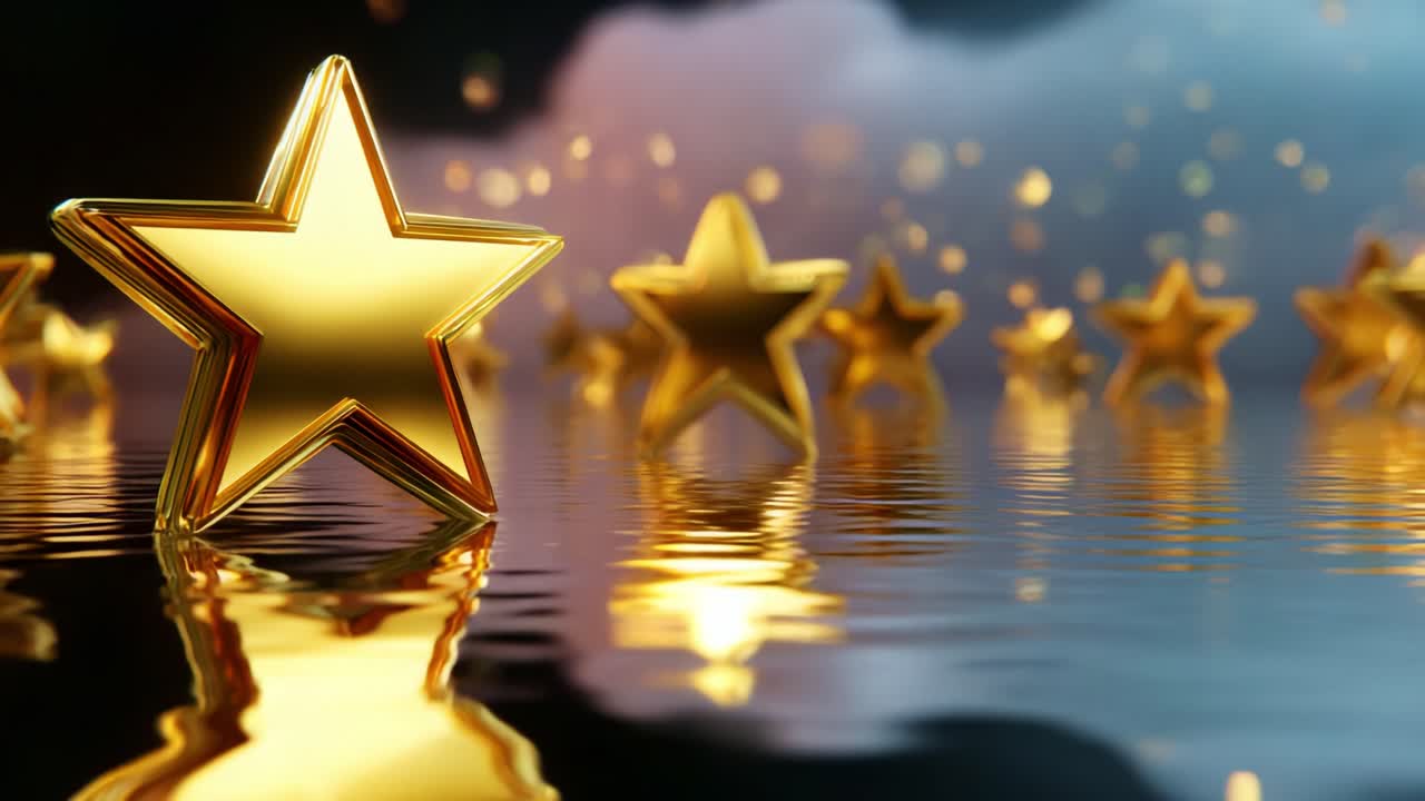 Stunning Gold Stars Reflected on a Calm Water Surface Surrounded by a Magical Mist, Creating a Dreamy and Enchanting Atmosphere Perfect for Celebrations and Award Ceremonies