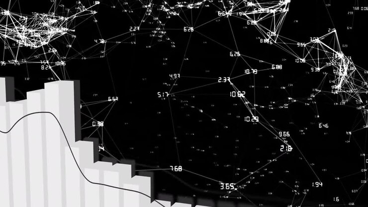 Animation of financial data processing and connections over black background