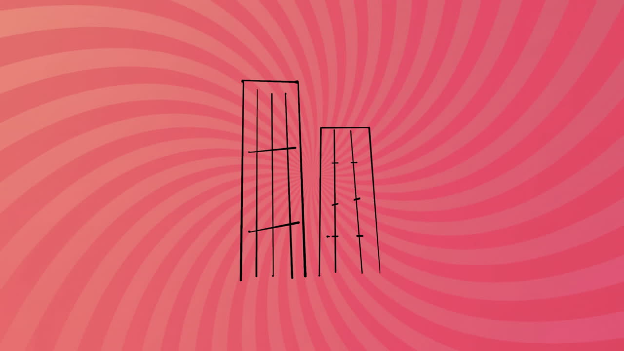 Abstract animation of two outlined buildings over pink spiral background