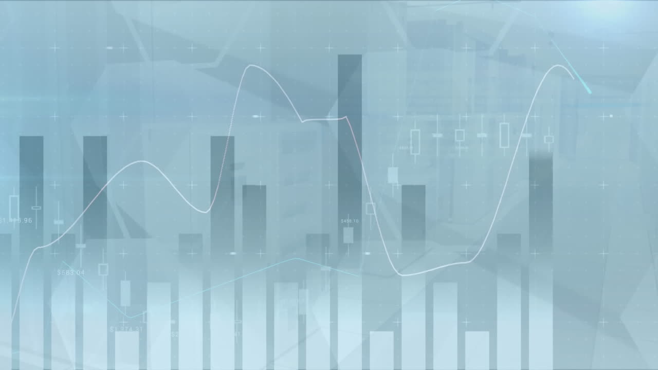 Animation of statistical data processing against blue gradient background