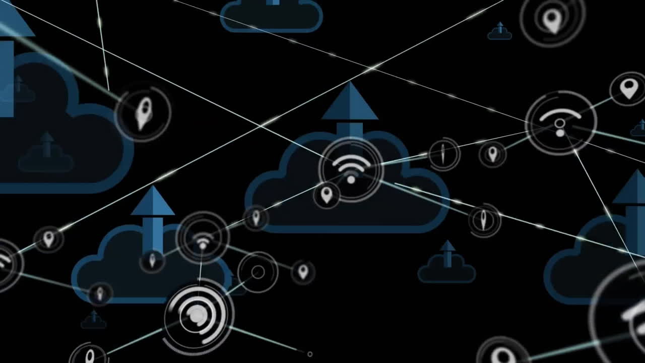 Animation of network of connections with icons over clouds and arrows