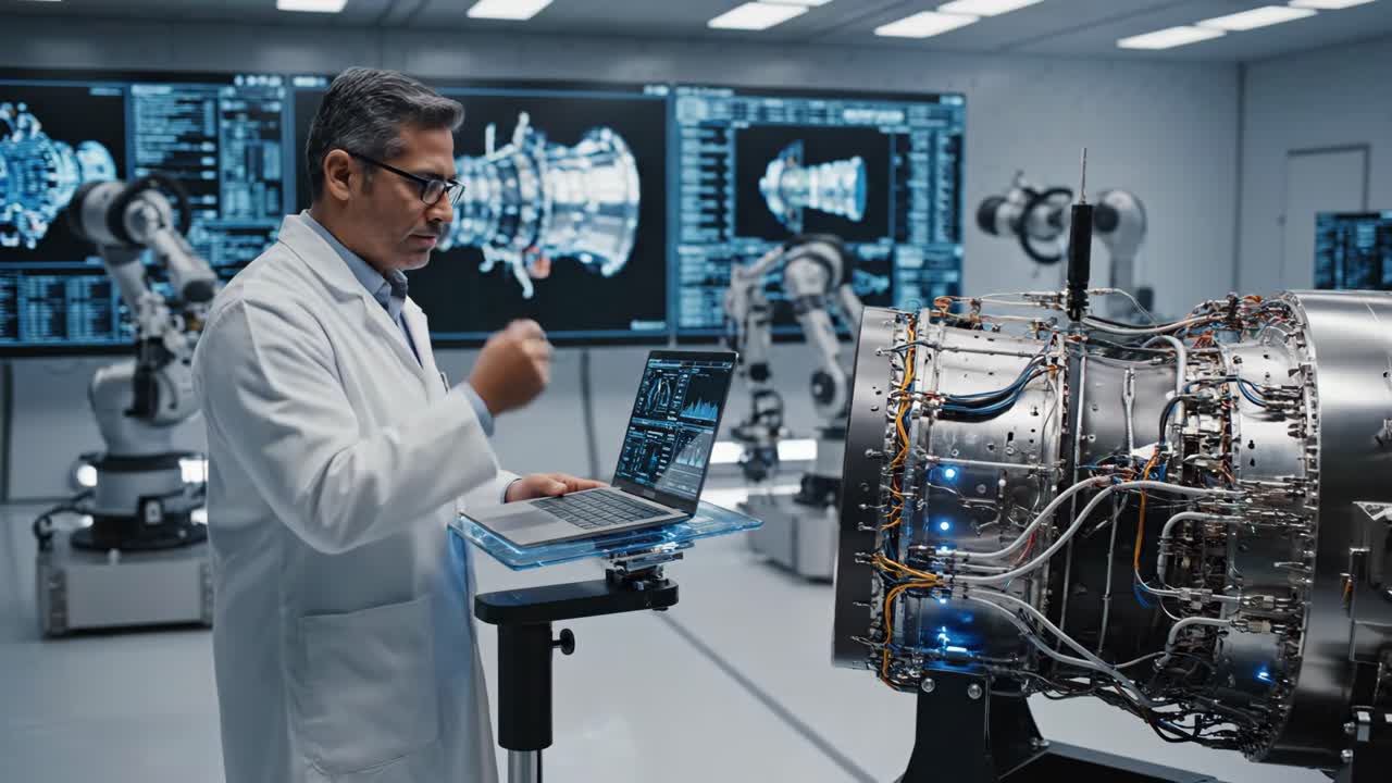 Engineer inspecting a jet engine using a laptop in a modern lab