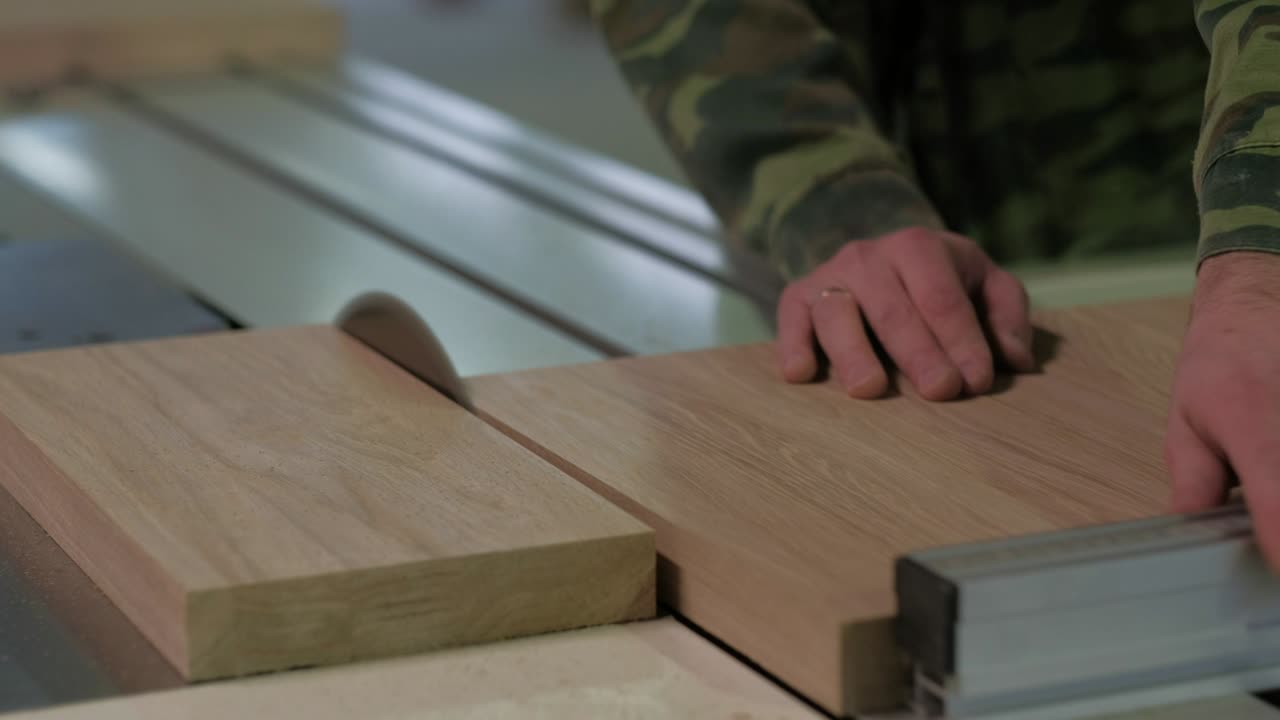 trabajador en camuflaje aserradura de madera en la máquina, aserrado de madera en un telar circular, el trabajo en el taller