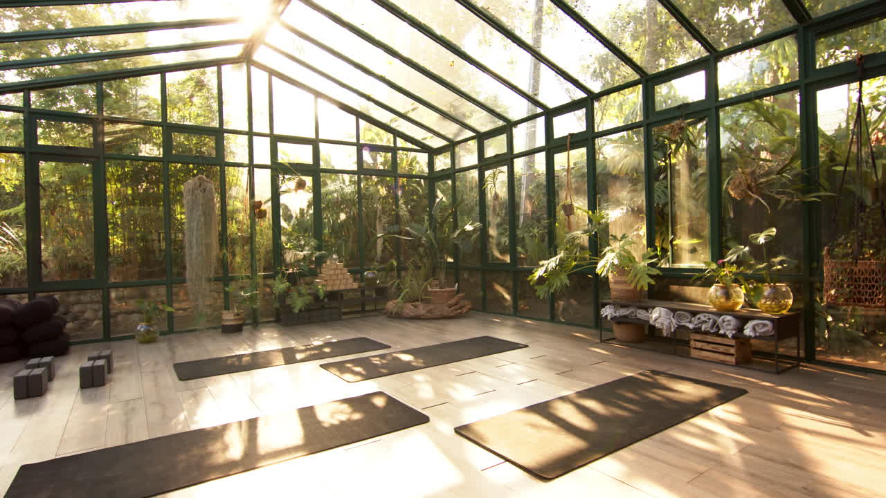 Yoga mats in glass house, sunlight streaming in, peaceful and serene environment