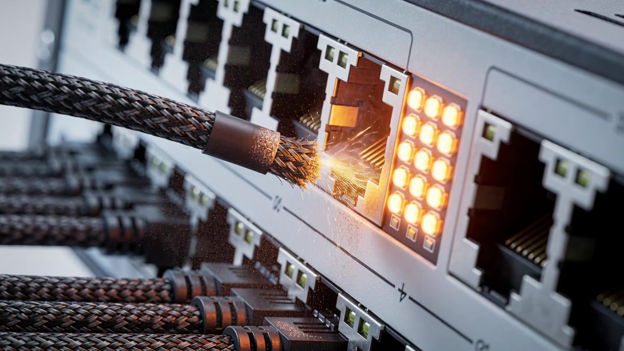 Contacting frayed braided cable sparking RJ45 port on switch, causing smoke from exposed strands