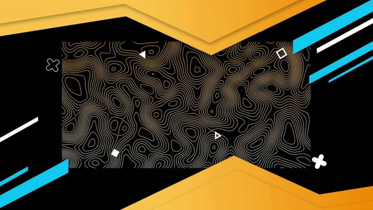 검은색에 움직이는  ⁇ 색 지형 지도와 함께 기하학적 오렌지색과 파란색 모양의 애니메이션