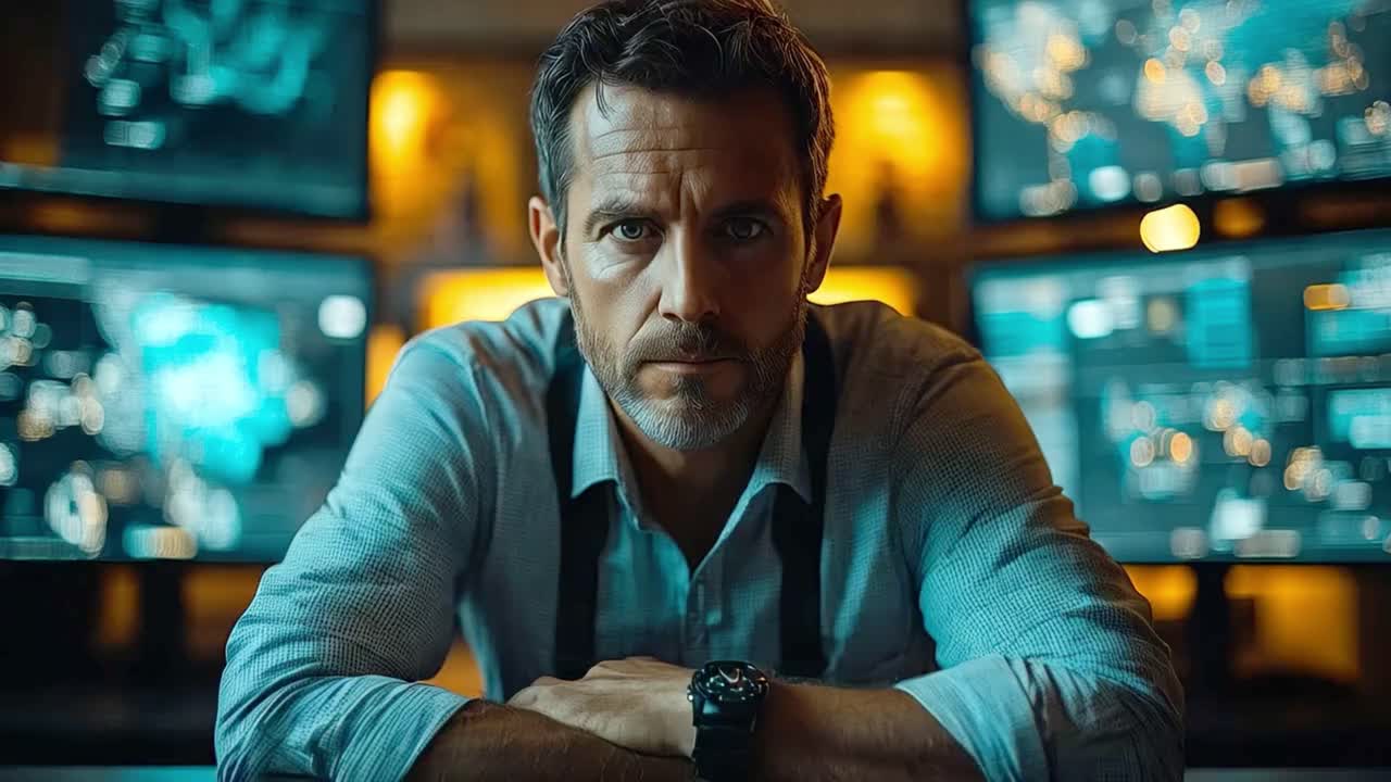 Serious Businessman Monitoring Data on Computer Screens