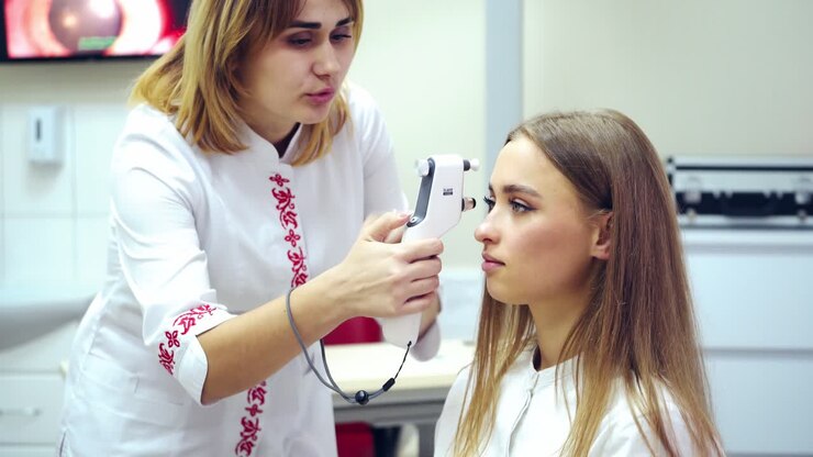 Ophthalmologist with modern device. Doctor checking patient's eyes using special new equipment. Vision concept.