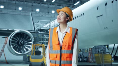 mujer ingeniera en el hangar de mantenimiento de aviones