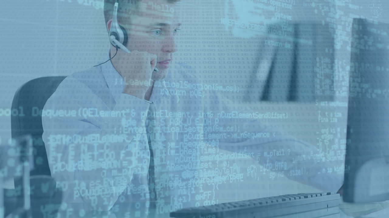 전화 헤드으로 대화하는 백인 남성 고객 서비스 임원들에 대한 데이터 처리의 애니메이션.