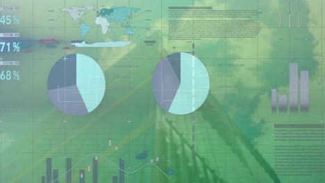 animation of multicolored infographic interface over low angle view of building against cloudy sky