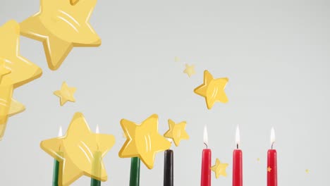 Animation-of-golden-stars-falling-over-kwanzaa-candles-on-grey-background